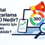 Dijital Pazarlama 360 konseptini anlatan grafik: laptop, büyüteç ve grafik ikonlarıyla tam kapsamlı dijital strateji vurgusu