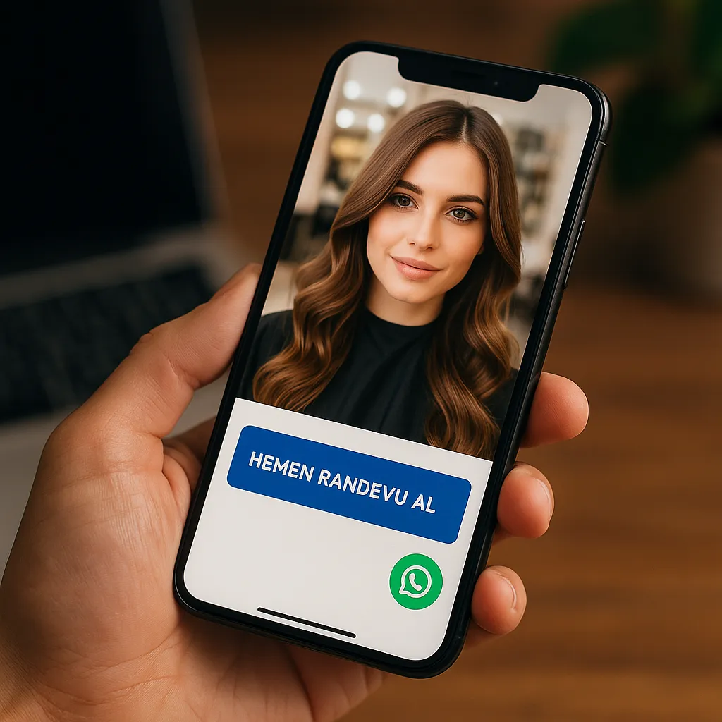 Bir kişinin elinde tuttuğu akıllı telefonda, kuaför salonu görseliyle birlikte 'HEMEN RANDEVU AL' butonu ve WhatsApp simgesi yer alıyor.
