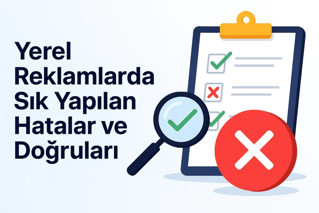 Yerel reklam stratejilerinde sık yapılan hatalar ve doğruları anlatan kontrol listesi ile büyüteç ikonlarının yer aldığı dijital illüstrasyon.